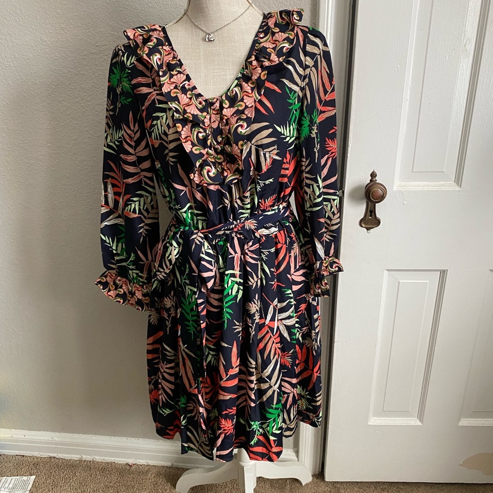 Tropical Leaf Print Long Sleeve Dress